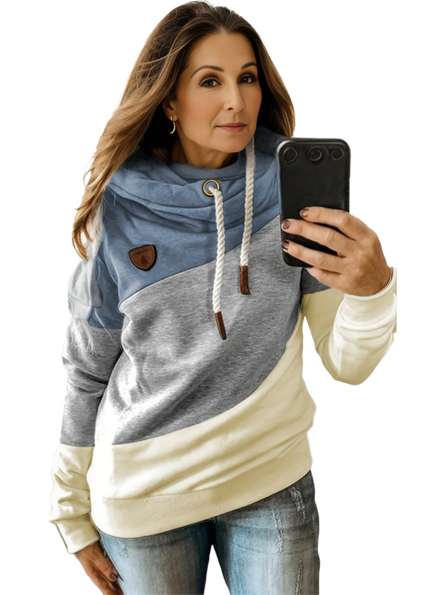 Plus Size Casual Sweatshirt, Women's Plus Colorblock Long Sleeve Hooded Drawstring Slight Stretch Sweatshirt