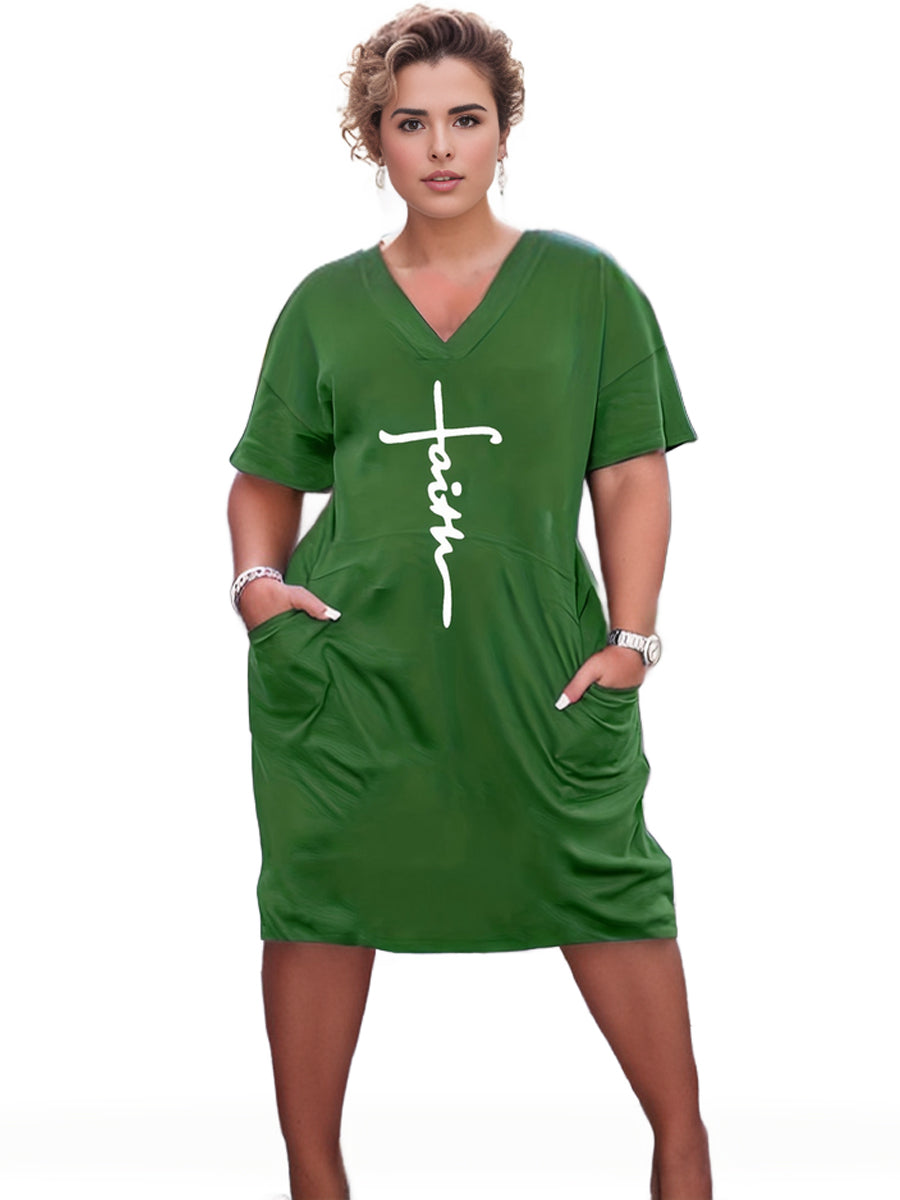 Plus Size 'Faith' Letter Print Short Sleeve Midi Dress With Pockets, Women's Plus Slight Stretch Casual Dress