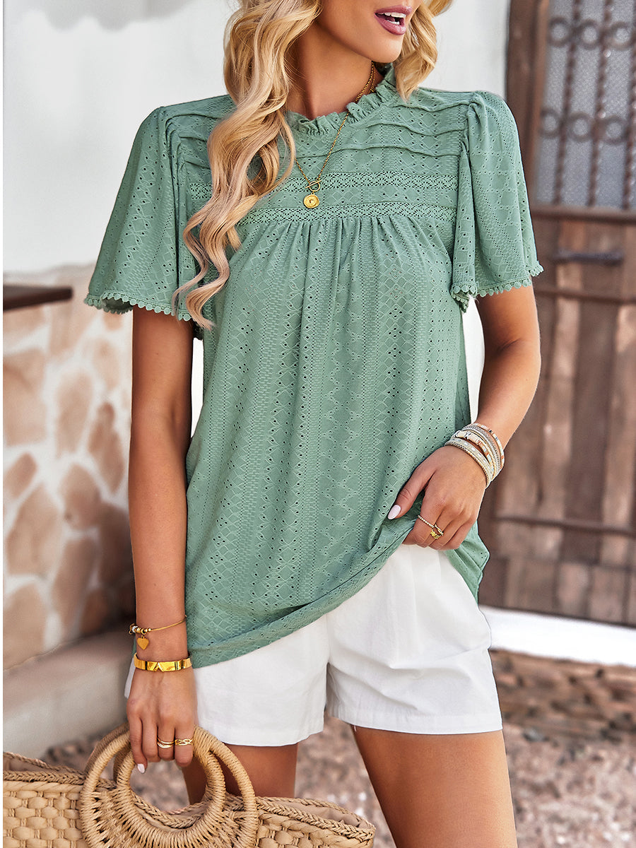 Casual Solid Color Hollow Round Neck T-Shirt