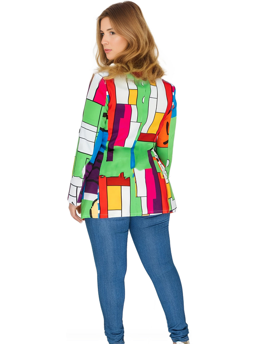 Plus Size Casual Coat, Women's Plus Colorful Abstract Print Long Sleeve Lapel Collar Suit