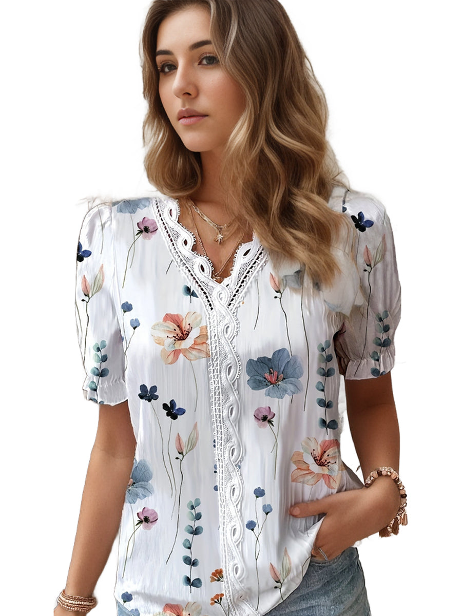 Plus Size Casual Blouse, Women's Plus Floral Print Contrast Lace Panel Puff Sleeve V Neck Slight Stretch Top