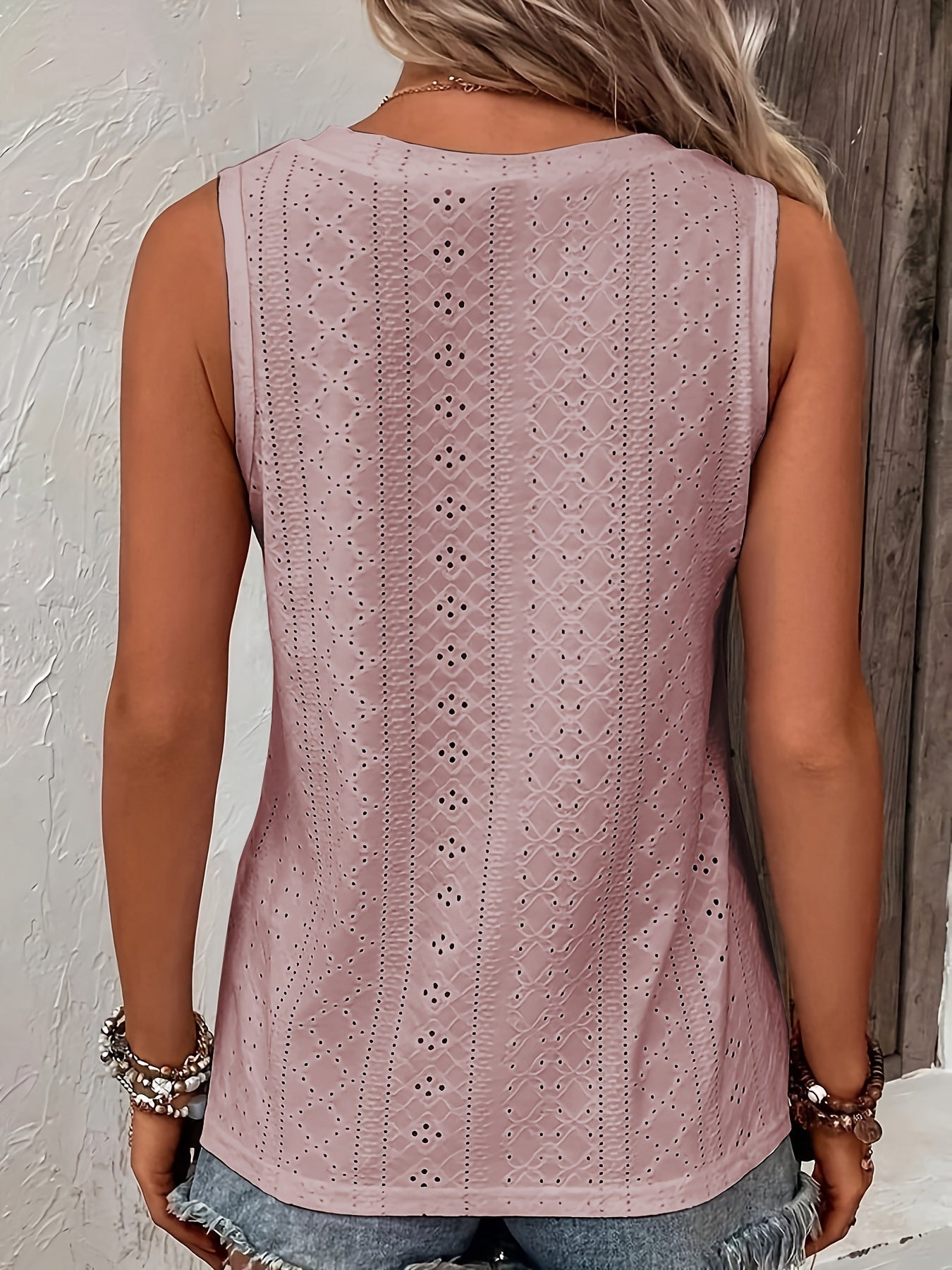 Plus Size Casual Tank Top, Women's Plus Solid Jacquard Eyelet Embroidered Button Decor V Neck Medium Stretch Tank Top
