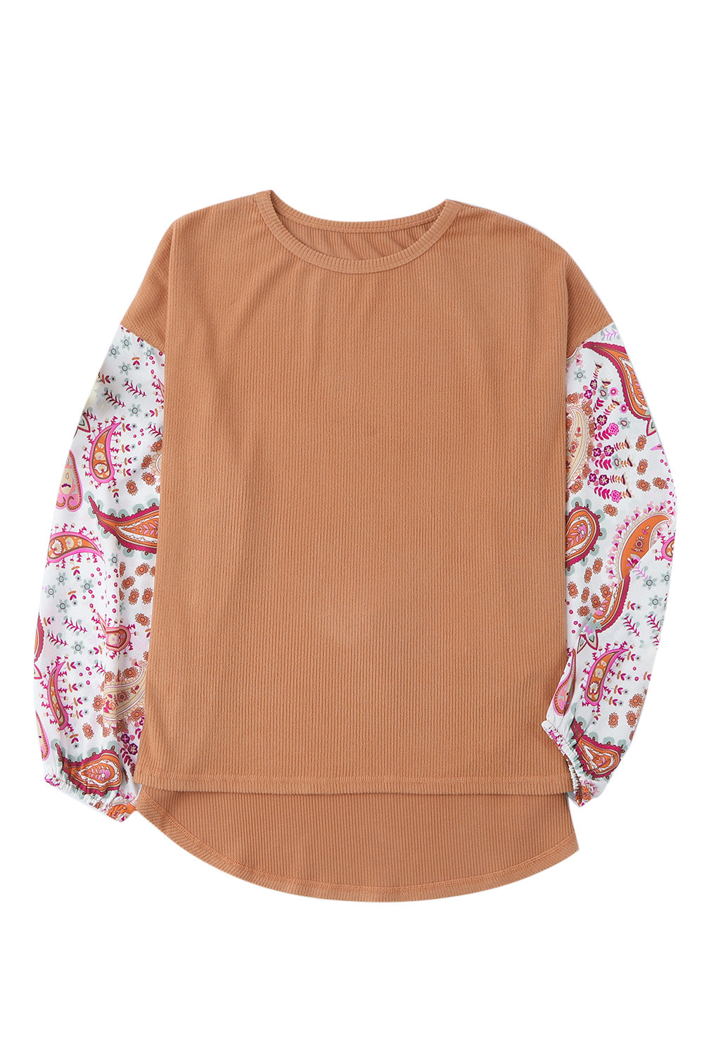 Orange Paisley Contrast Bubble Sleeve Ribbed Top