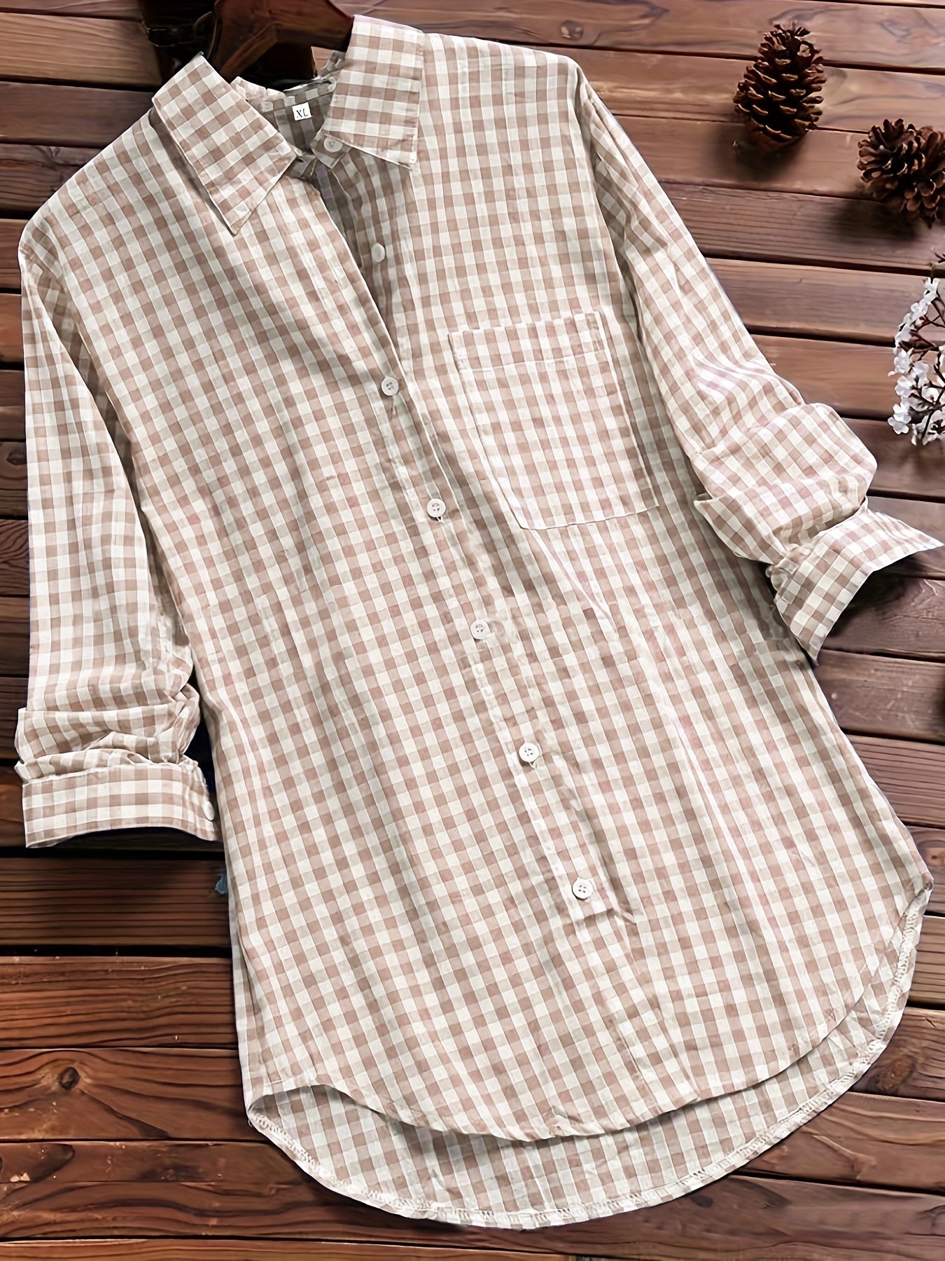 Plus Size Casual Blouse, Women's Plus Gingham Print Turn Down Collar Long Sleeve Shirt