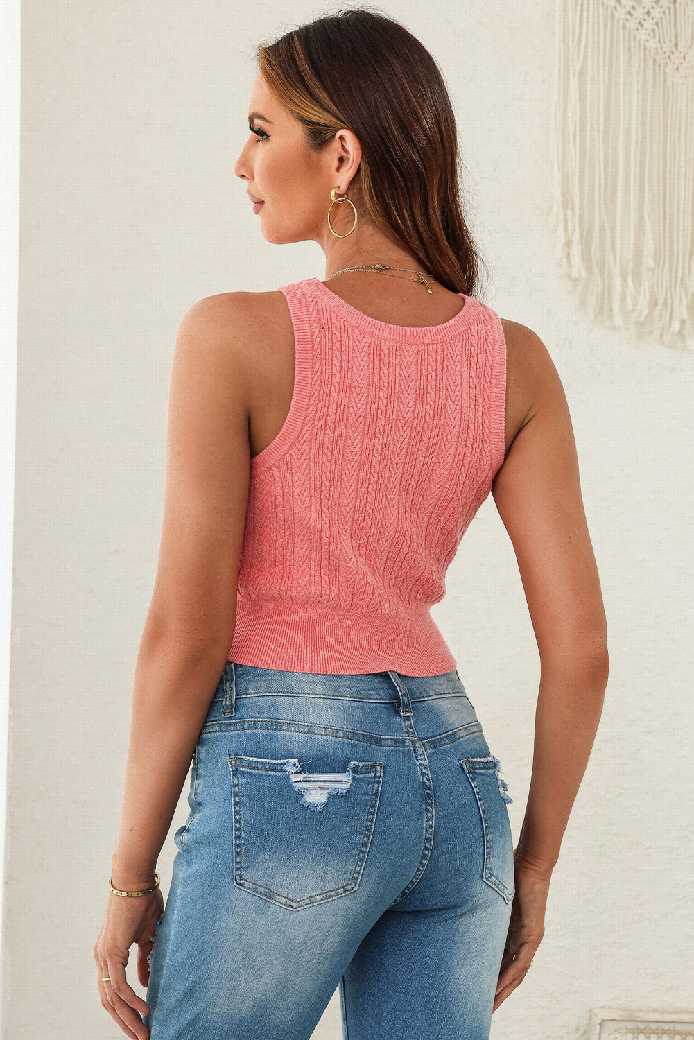 Pink Cable Knit Ribbed Trim Sleeveless Crop Top