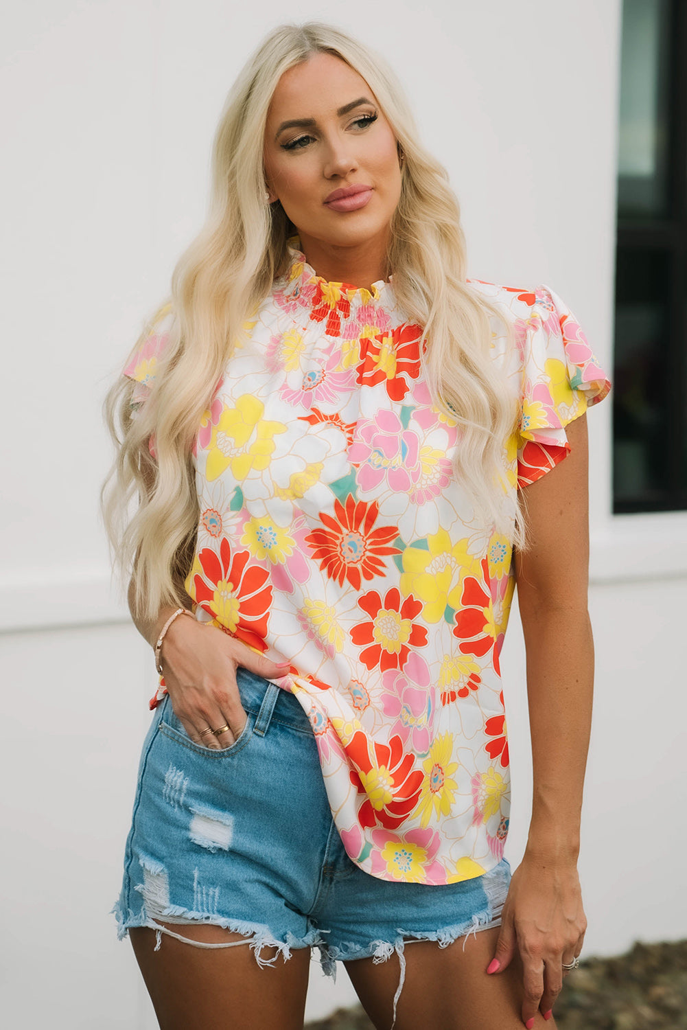 Orange Shirred Neck Summer Floral Dress