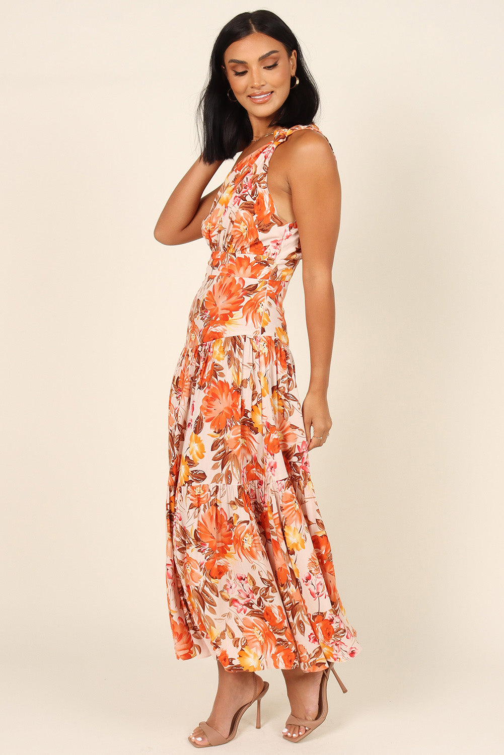 Orange Floral Print Pleated One Shoulder High Waist Maxi Dress