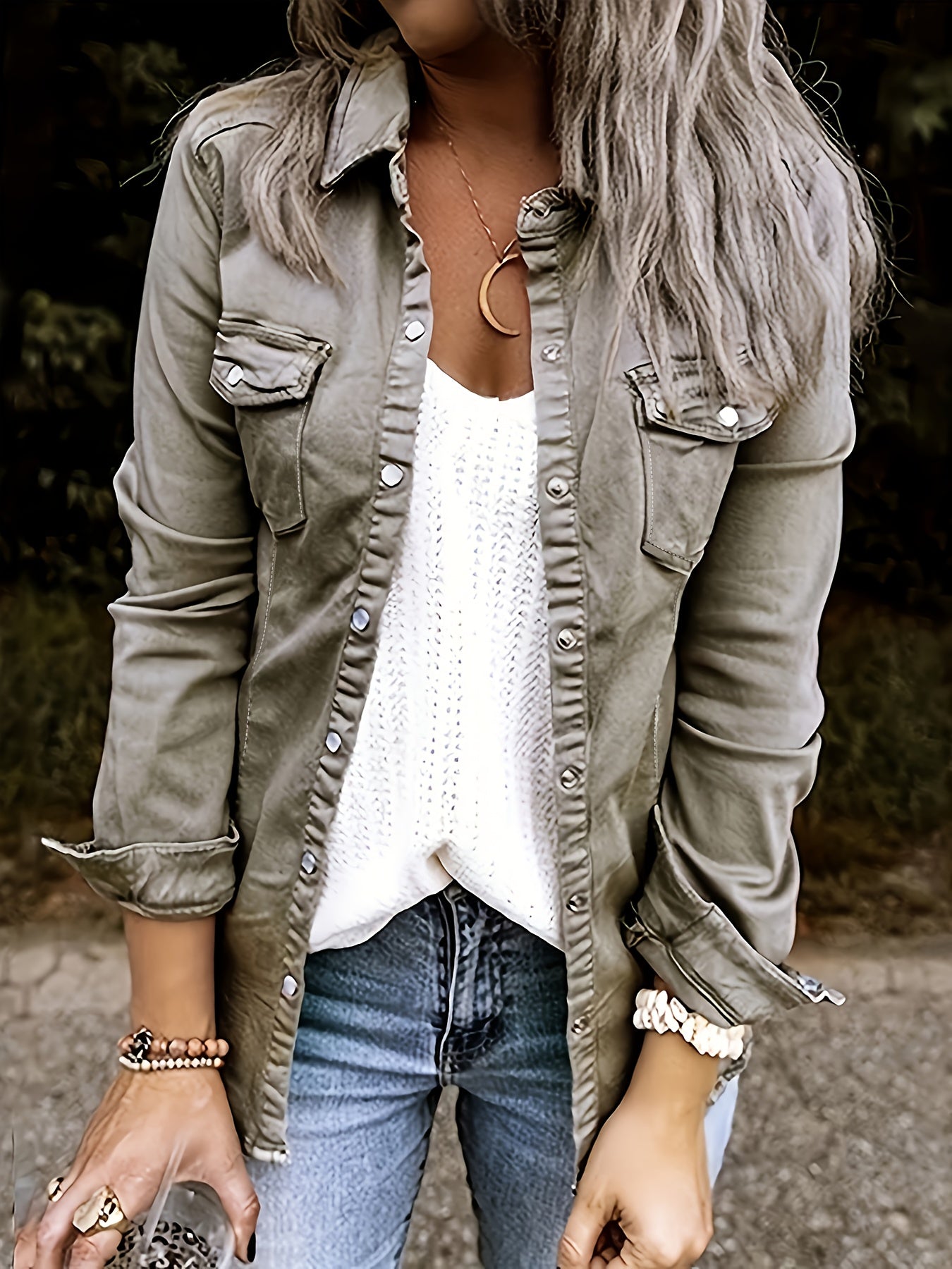 Ruched Trim Button-Up Long Sleeve Collared Casual Jacket