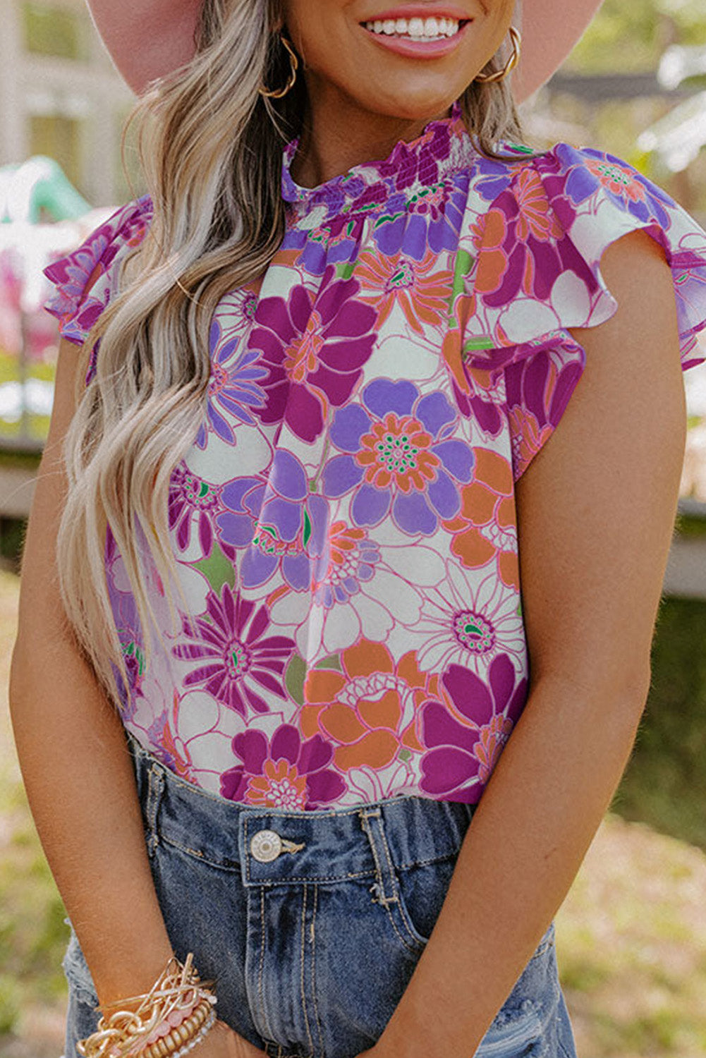 Orange Shirred Neck Summer Floral Dress