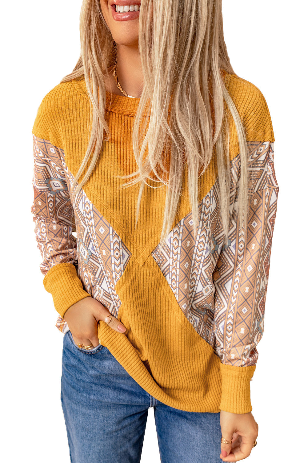 Orange Tribal Geometric Print Ribbed Knit Top