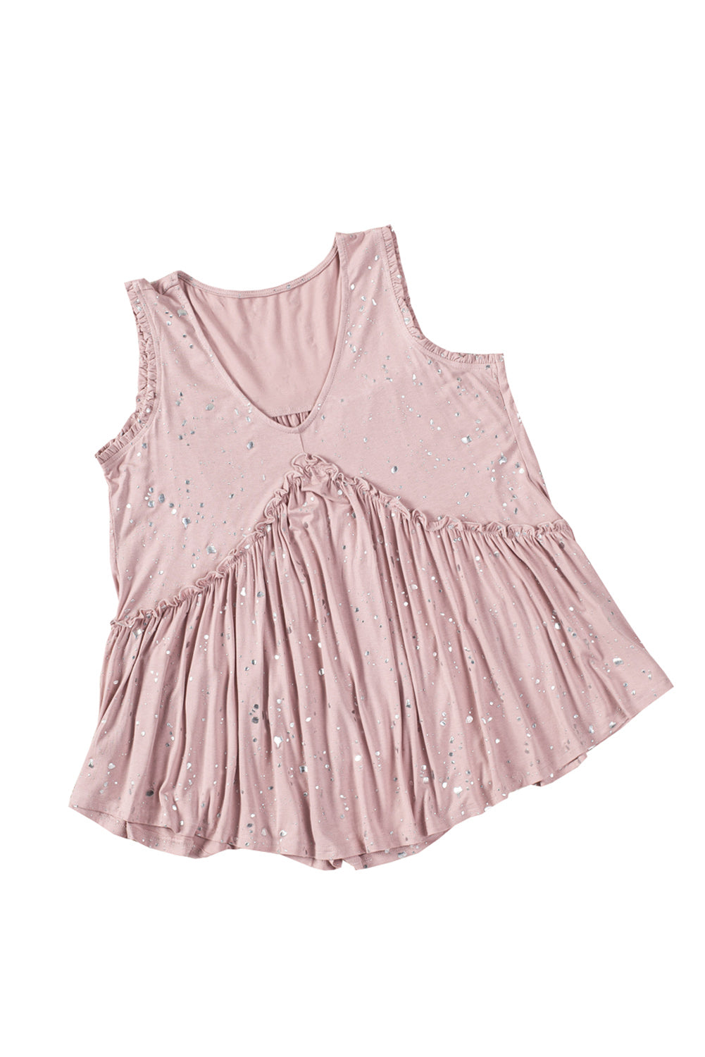 Top fluido con volantes y gotas de papel de aluminio rosa