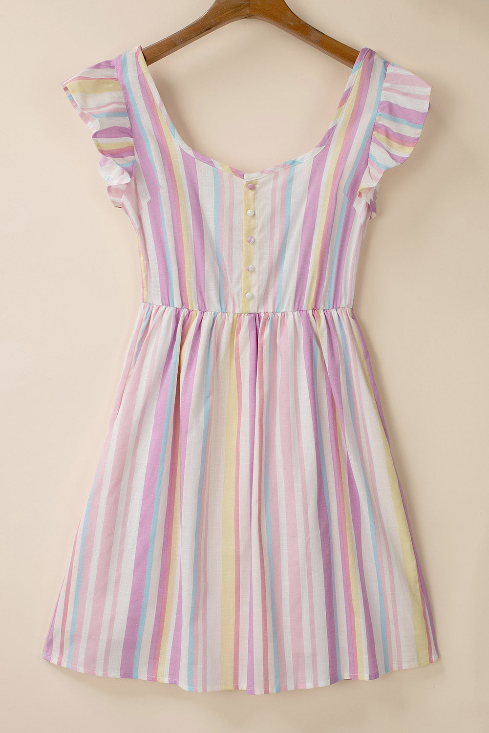 Pink Striped Button Sweetheart Flutter Sleeve Dress
