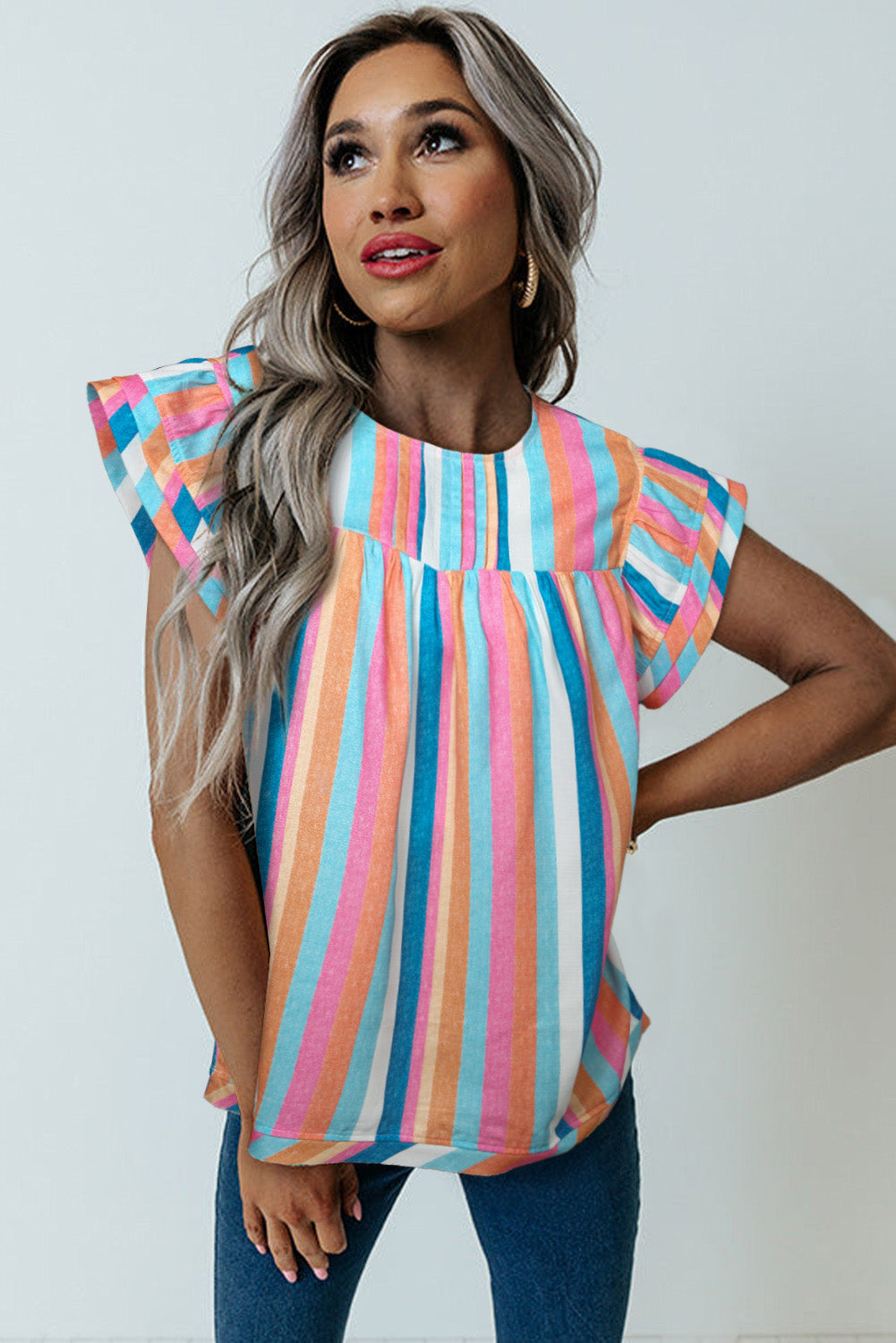 Pink Striped Button Sweetheart Flutter Sleeve Dress