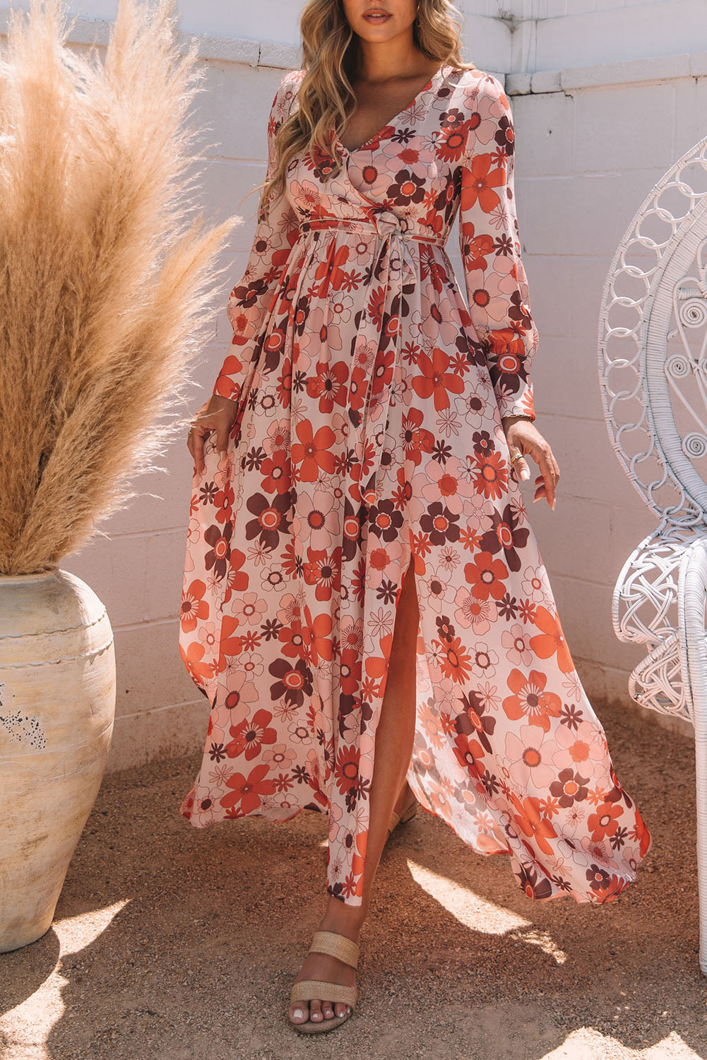 Orange Floral V-Neck Long Sleeve Belted Maxi Dress