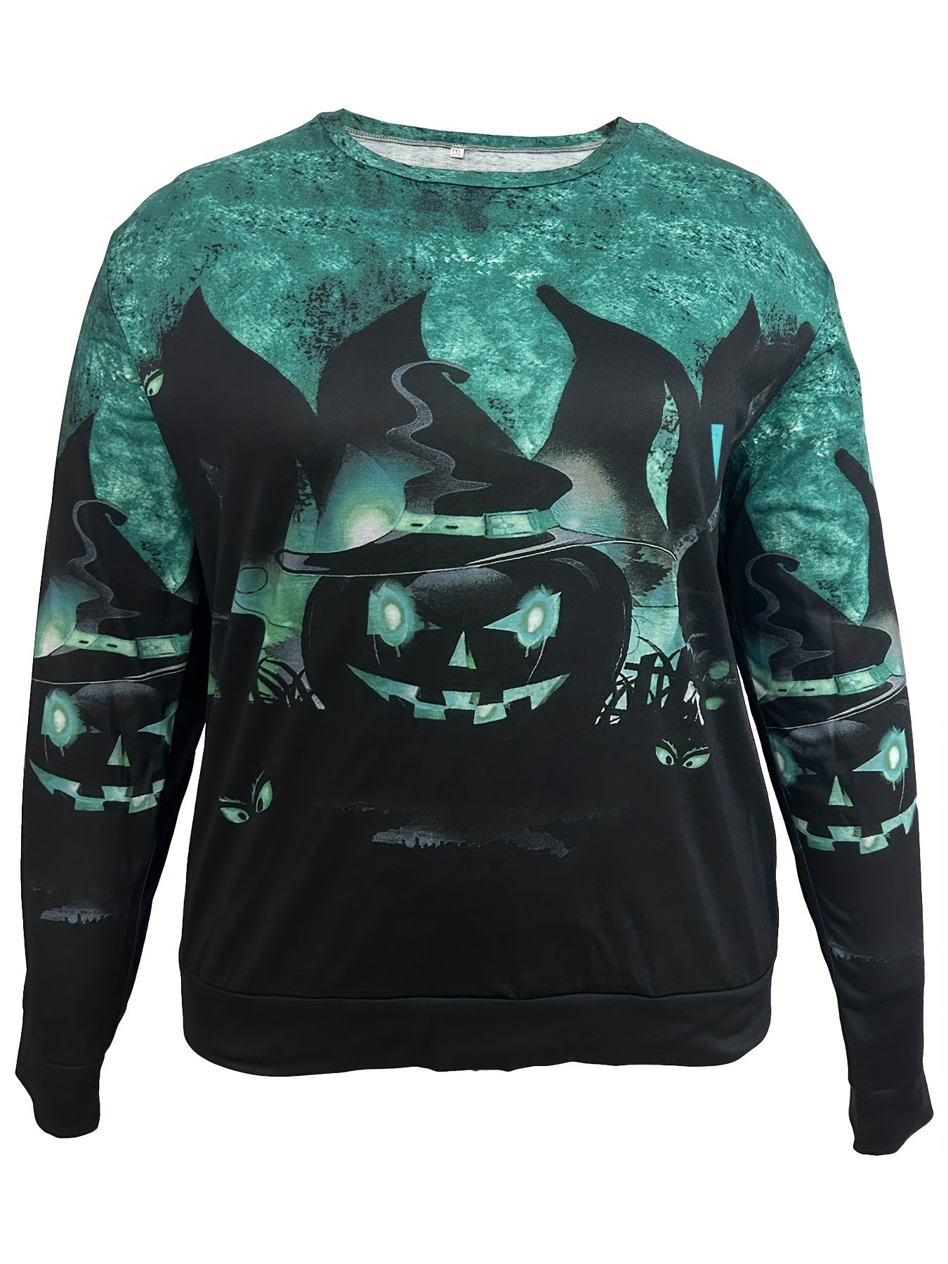 Plus Size Halloween Casual Sweatshirt, Women's Plus Witch Hat Pumpkin Print Long Sleeve Round Neck Pullover Top