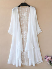 Plus Size Elegant Shawl, Women's Plus Floral Embroidery Short Sleeve Contrast Lace Kimono