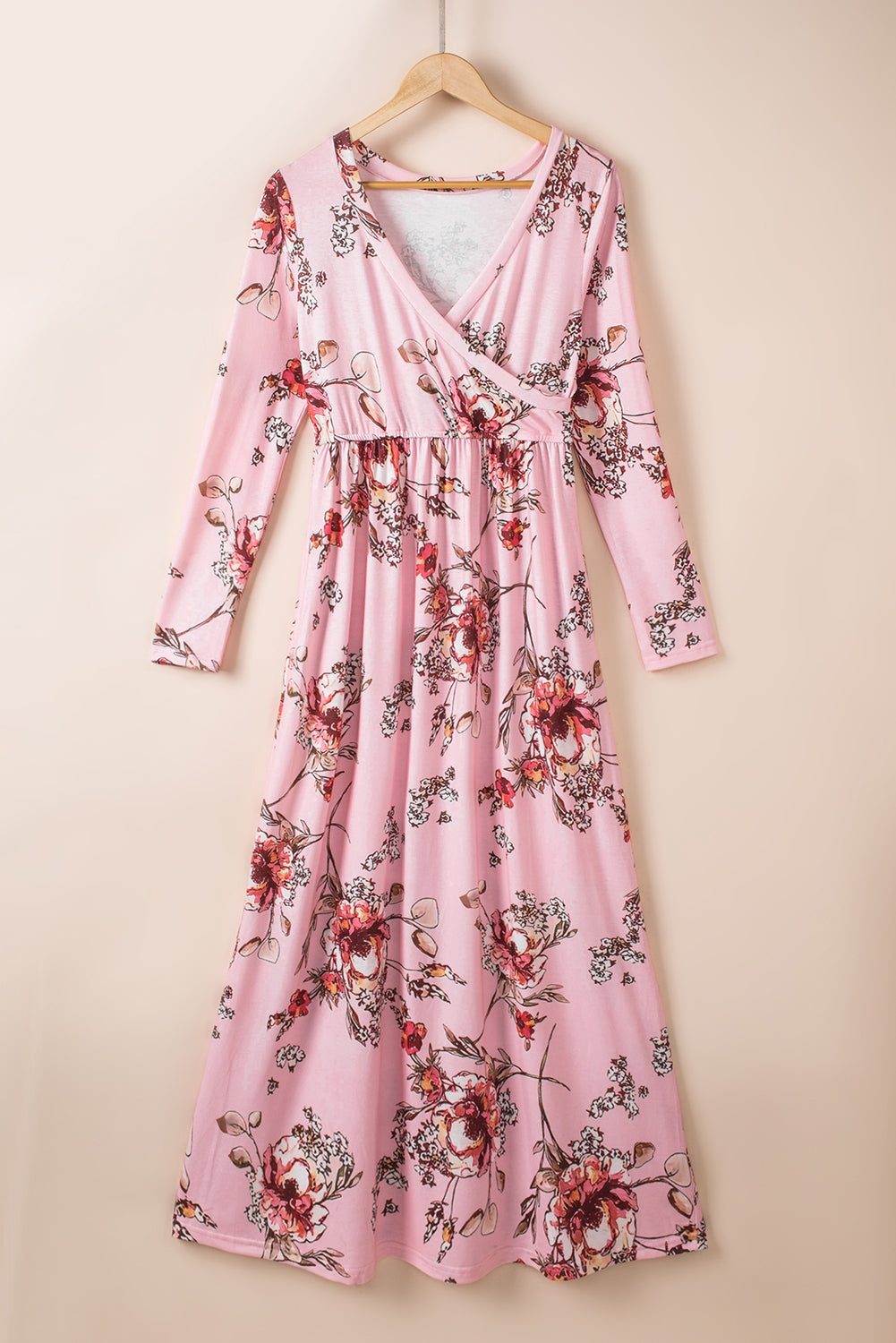 Pink  Wrapped V Neck Floral Long Sleeve Empire Maxi Dress