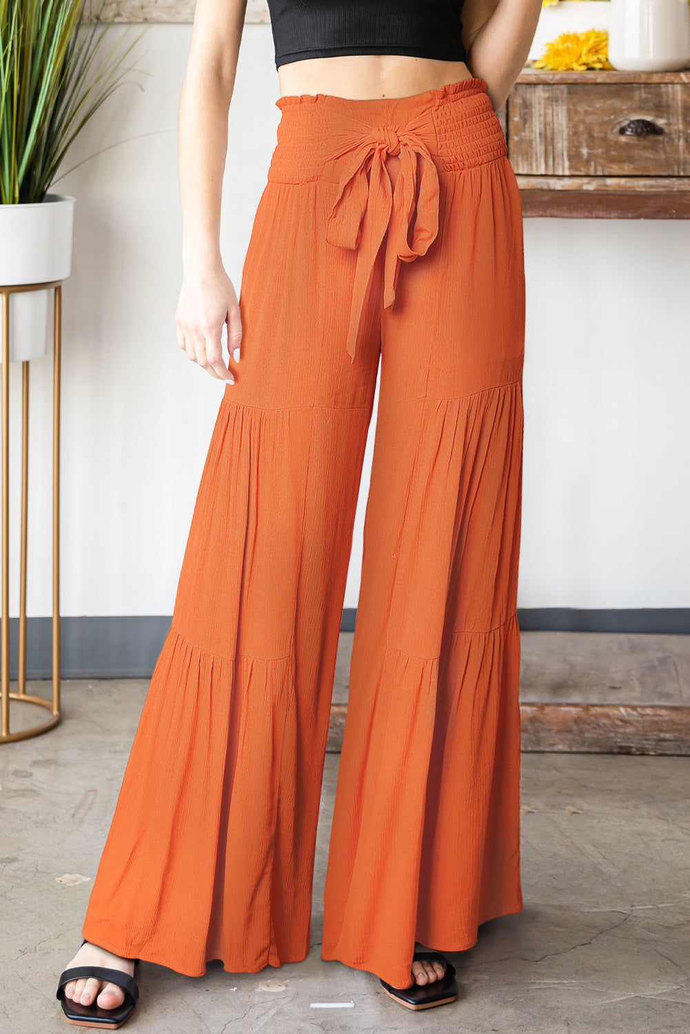 Orange Smocked Waist Tiered Wide Leg Pants