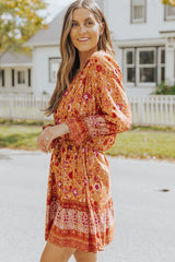 Orange Floral Print Drawstring Long Sleeve Mini Dress