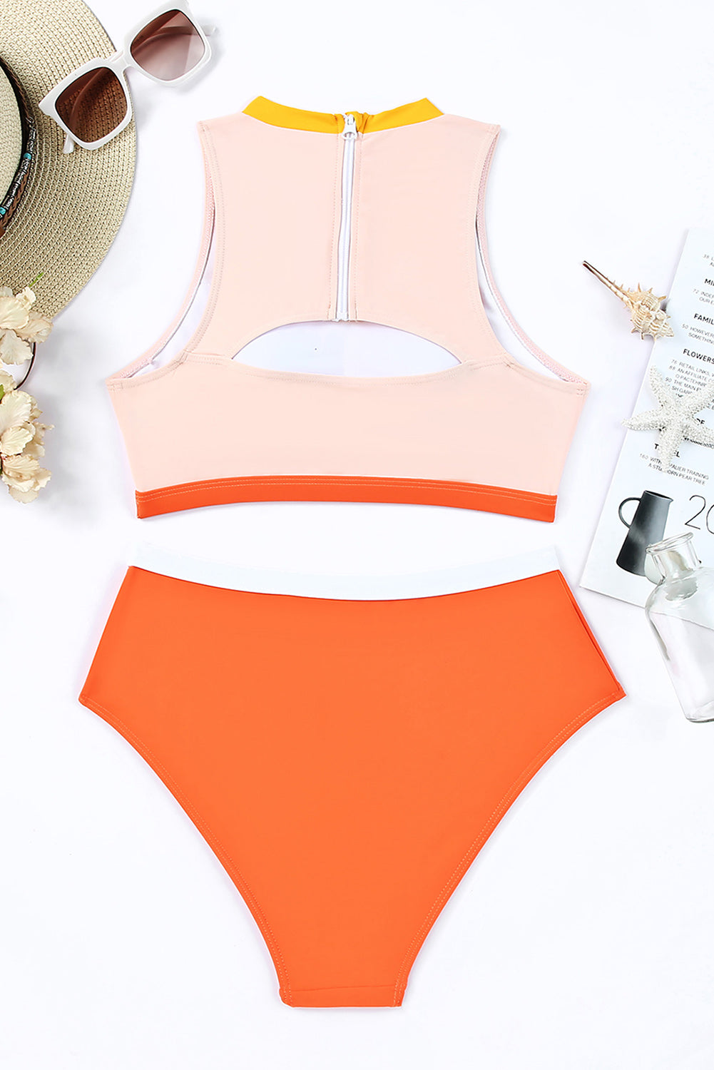 Orange Color Block Zipped Cut Out Bikini Swimwear