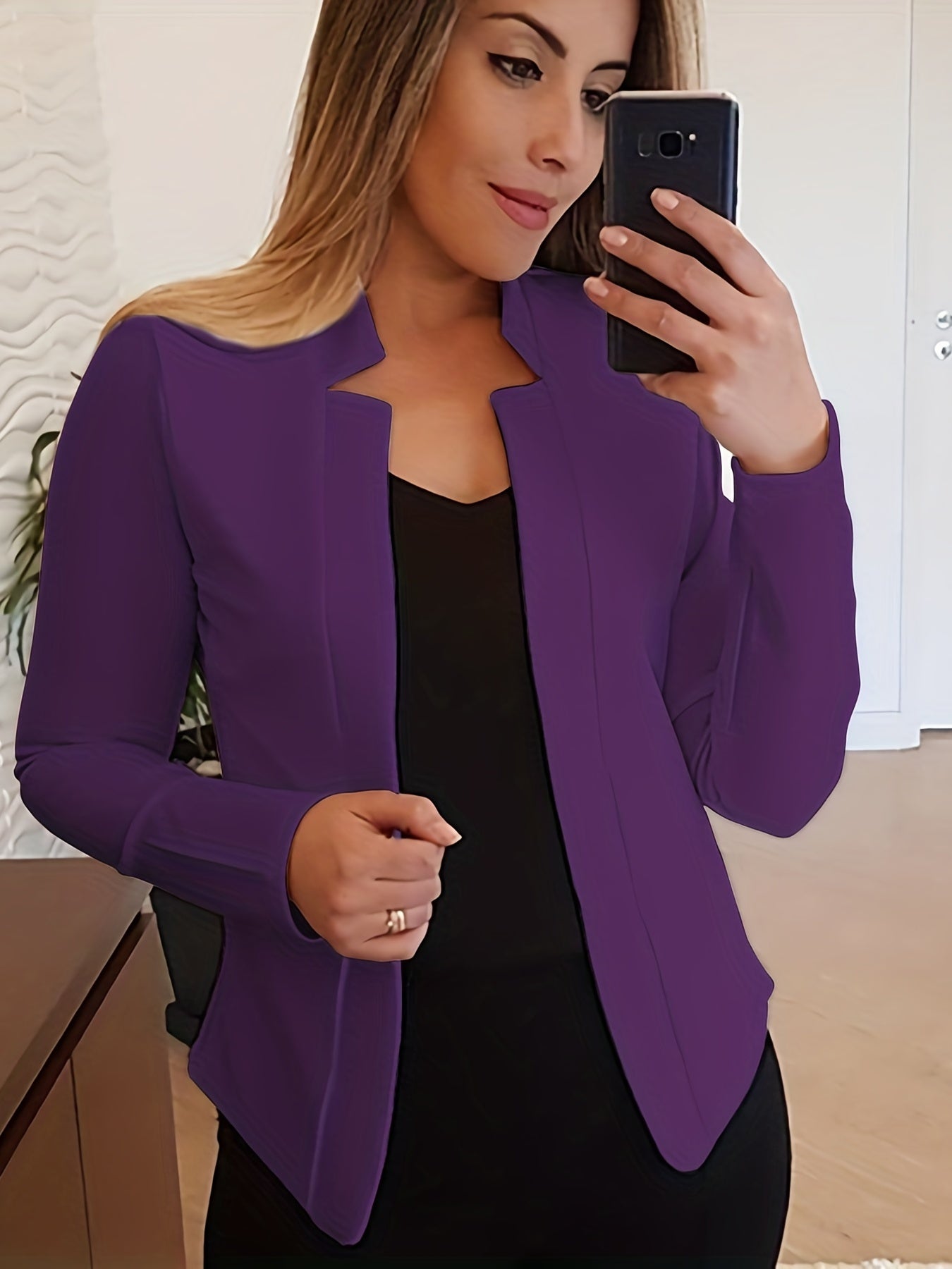 Solid Color Split Open Front Long Sleeve Elegant Blazer