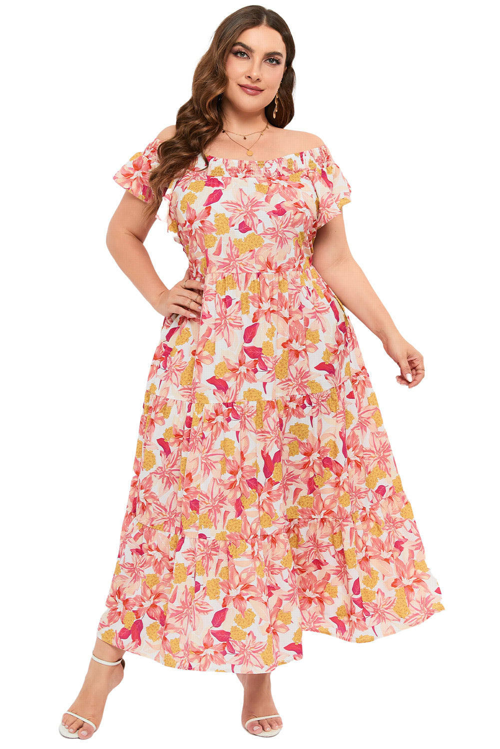 Orange Floral Print Shirred Ruffled Sleeveless Plus Size Dress