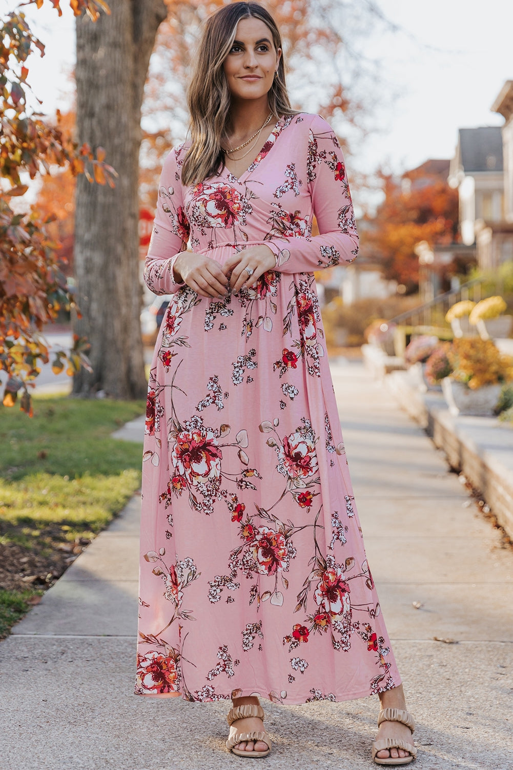 Pink  Wrapped V Neck Floral Long Sleeve Empire Maxi Dress