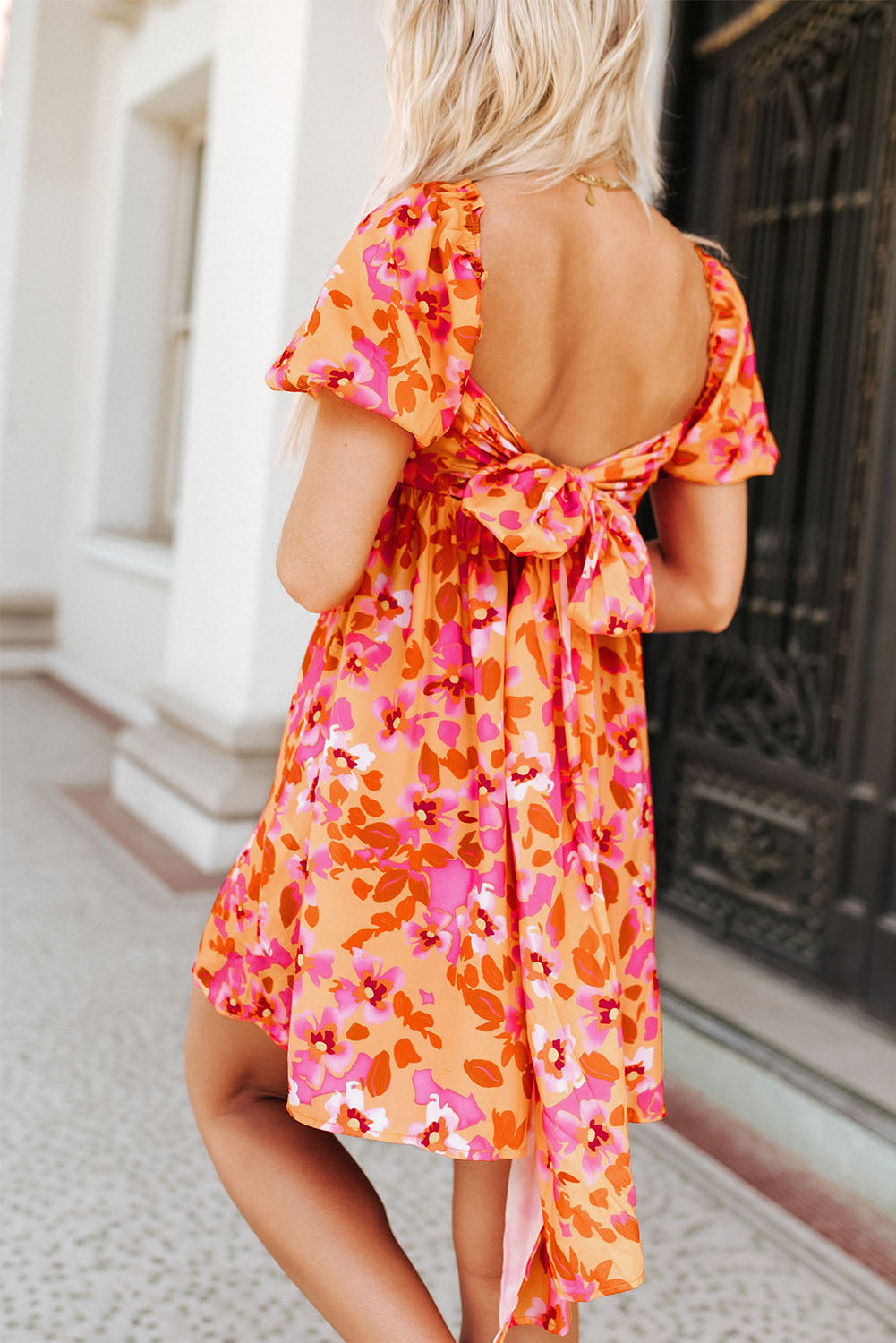 Orange Puff Sleeve Bow Knot Open Back Floral Mini Dress