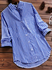 Plus Size Casual Blouse, Women's Plus Gingham Print Turn Down Collar Long Sleeve Shirt