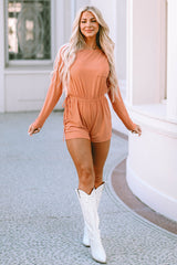 Orange Ribbed Drawstring Waist Long Sleeve Romper