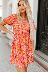 Orange Puff Sleeve Bow Knot Open Back Floral Mini Dress