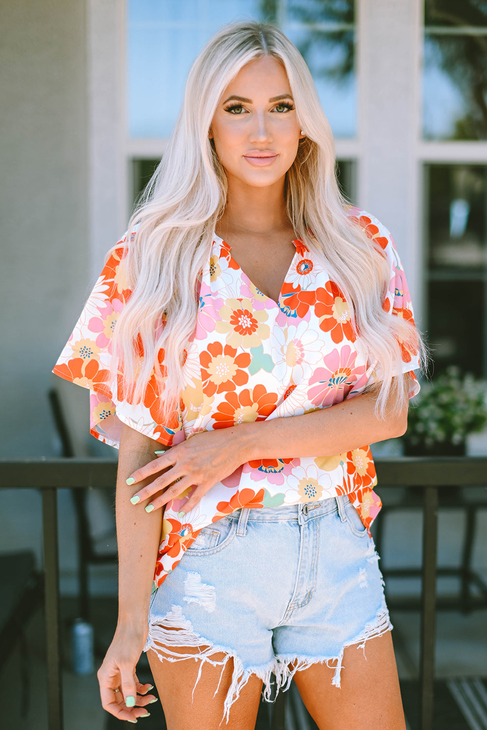 Orange Shirred Neck Summer Floral Dress