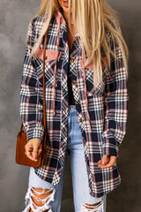 Chaqueta a cuadros con capucha y cordón ajustable en contraste rosa