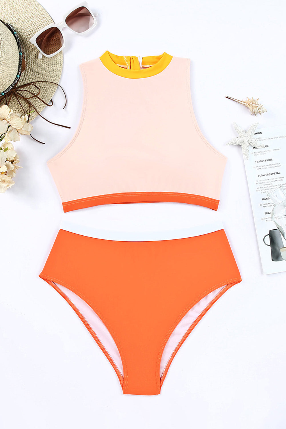 Orange Color Block Zipped Cut Out Bikini Swimwear