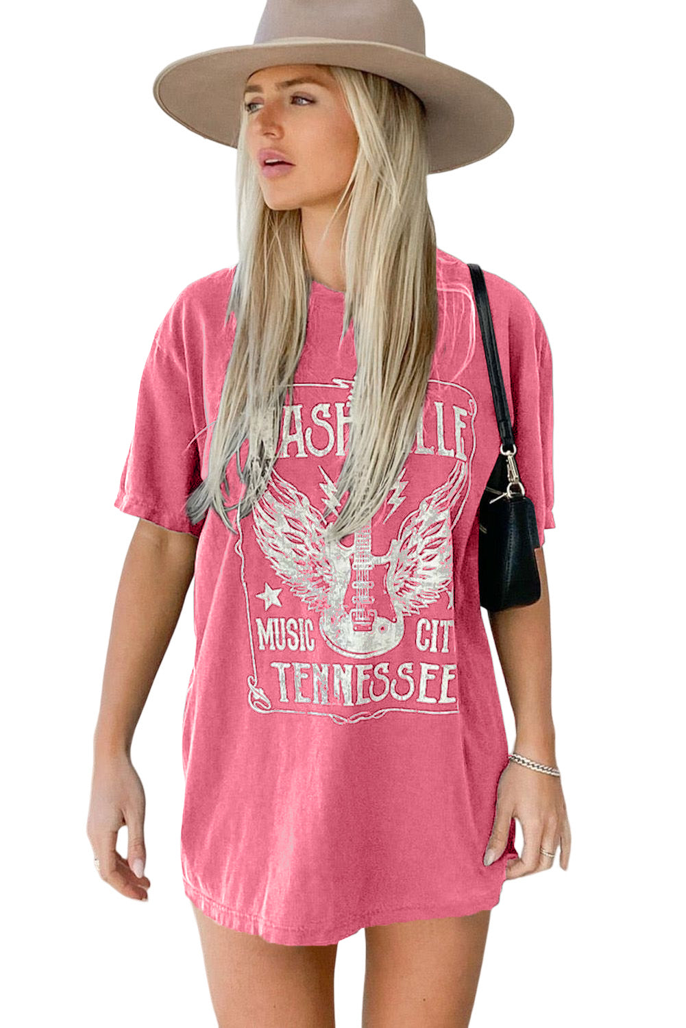 Camiseta extragrande con estampado gráfico de letras y eslogan de guitarra rosa