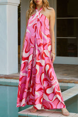 Pink Abstract Swirl Print Halter Maxi Dress