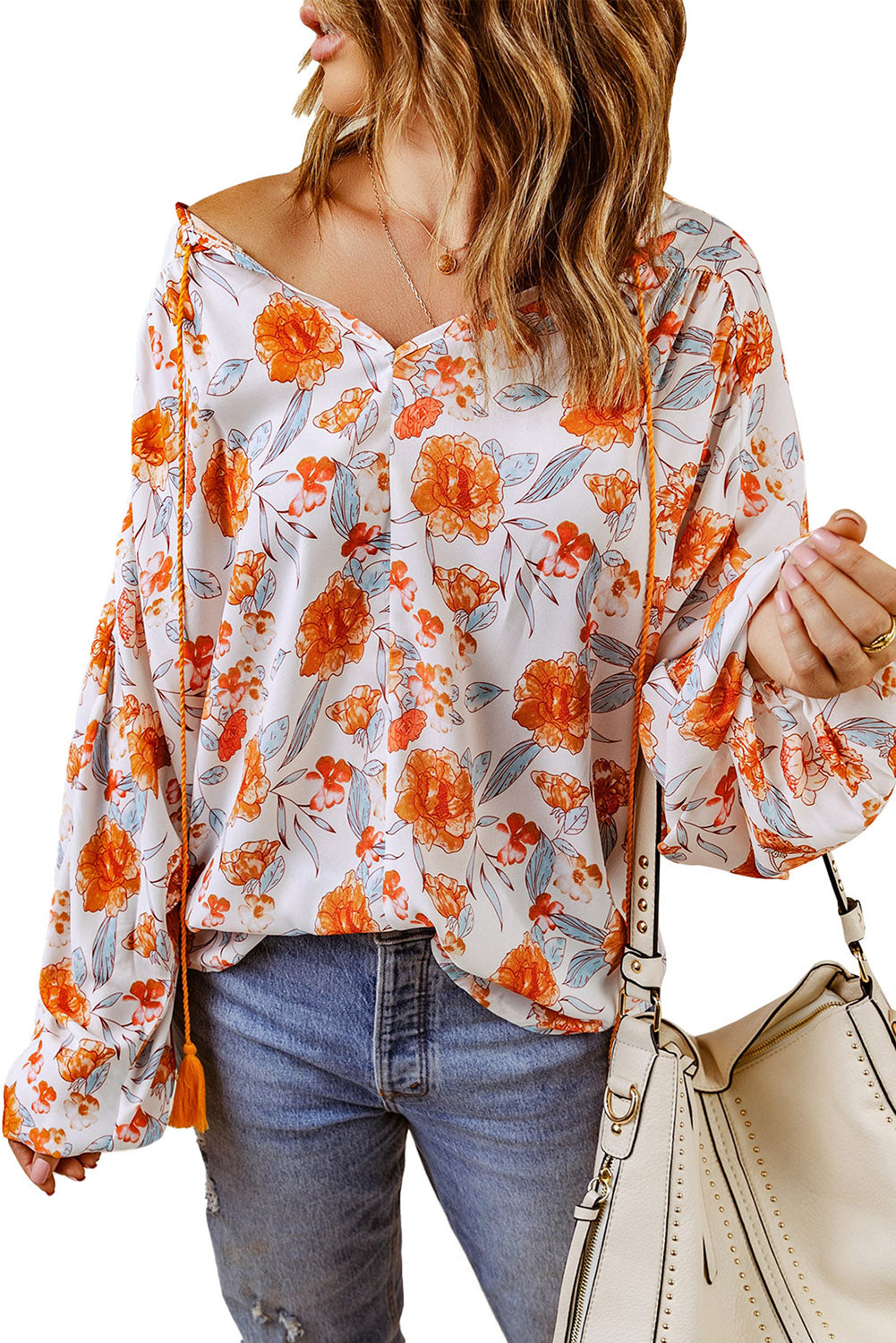 Orange Split V Neck Floral Print Dolman Blouse