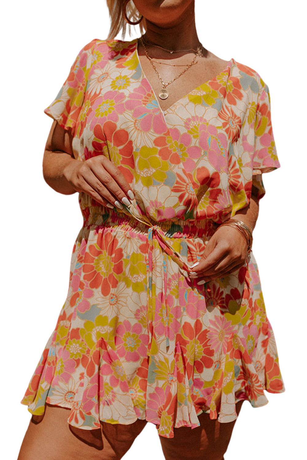 Orange Shirred Neck Summer Floral Dress