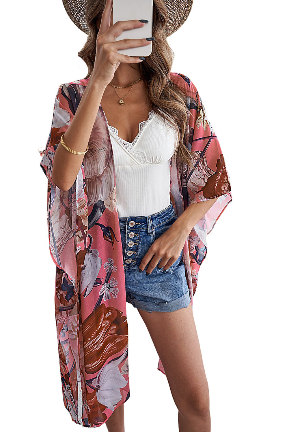 Pink Boho Floral Print Beach Cover up Kimono