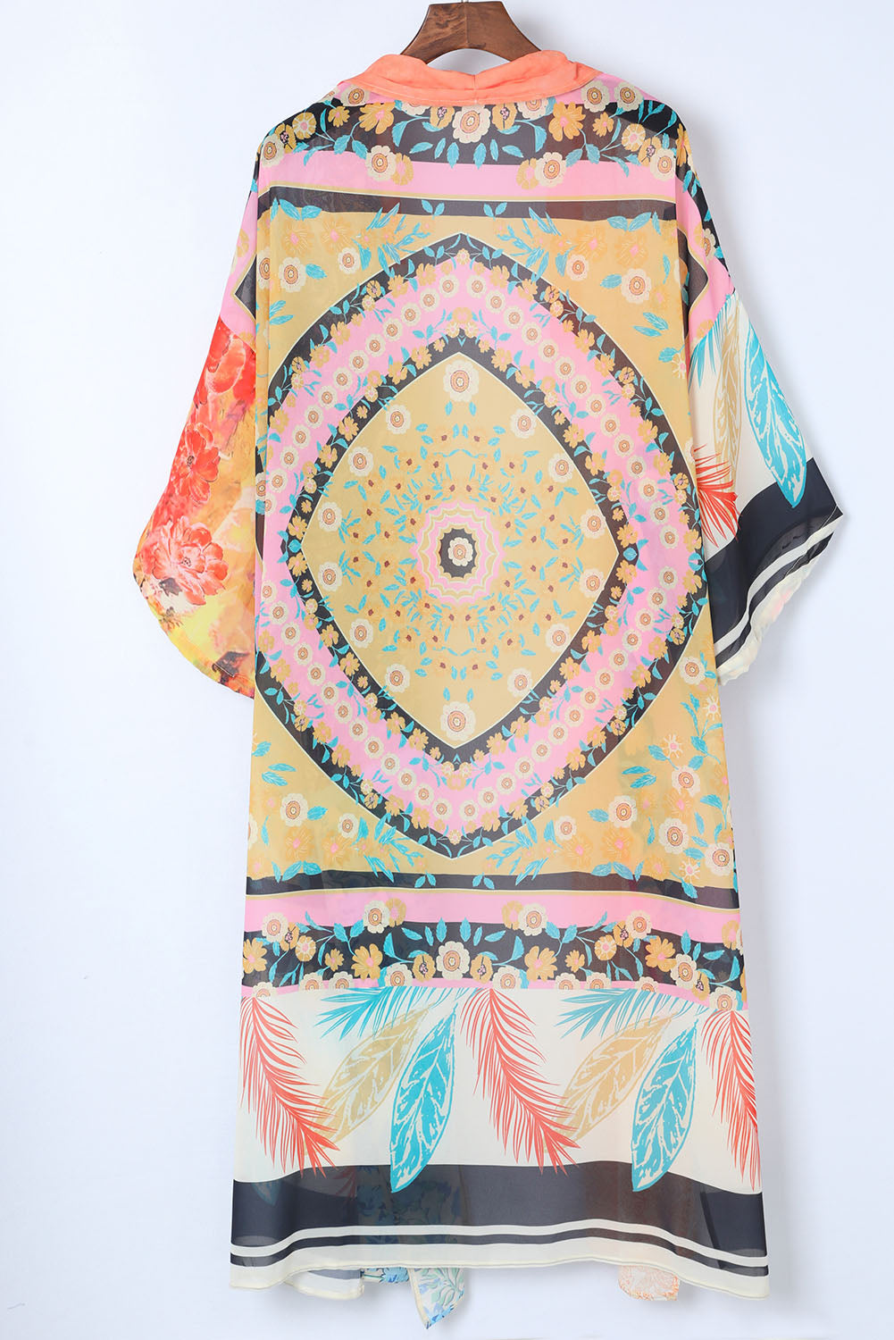 Orange Bohemian Patchwork Print Drawstring Puff Sleeve Kimono