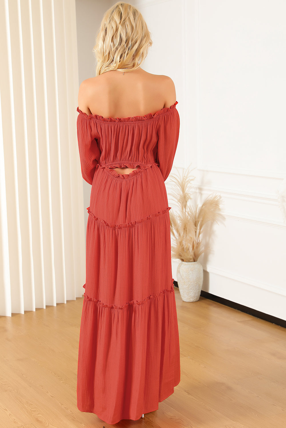 Orange Off Shoulder Balloon Sleeve Cutout Ruffled Maxi Dress