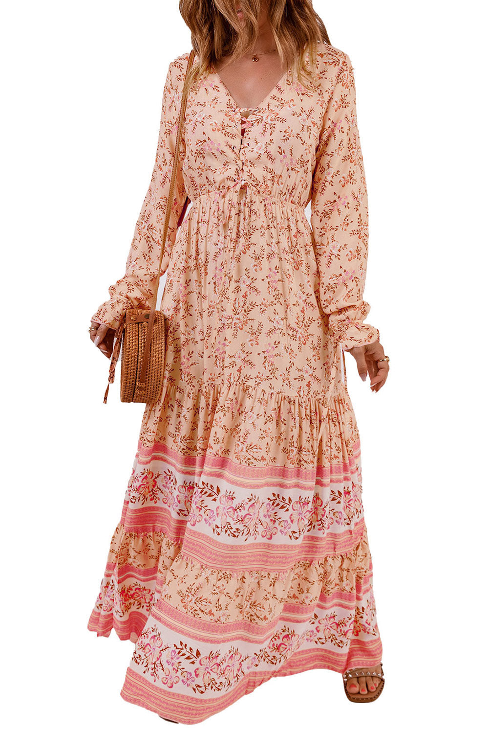 Orange Drawstring Lace-up V Neck Long Sleeve Floral Maxi Dress