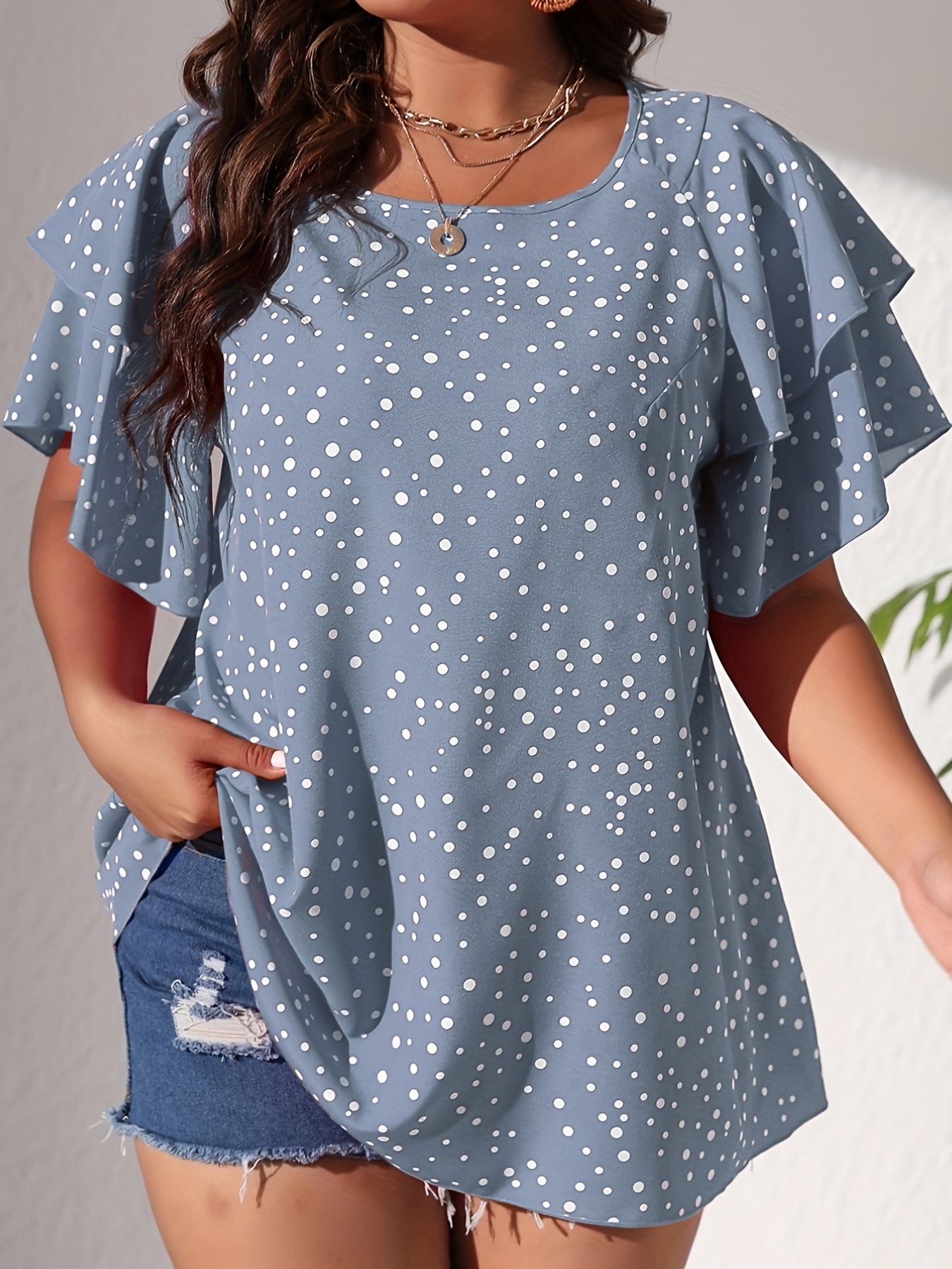 Plus Size Casual Blouse, Women's Plus Polka Dot Print Layered Sleeve Round Neck Oversized Blouse