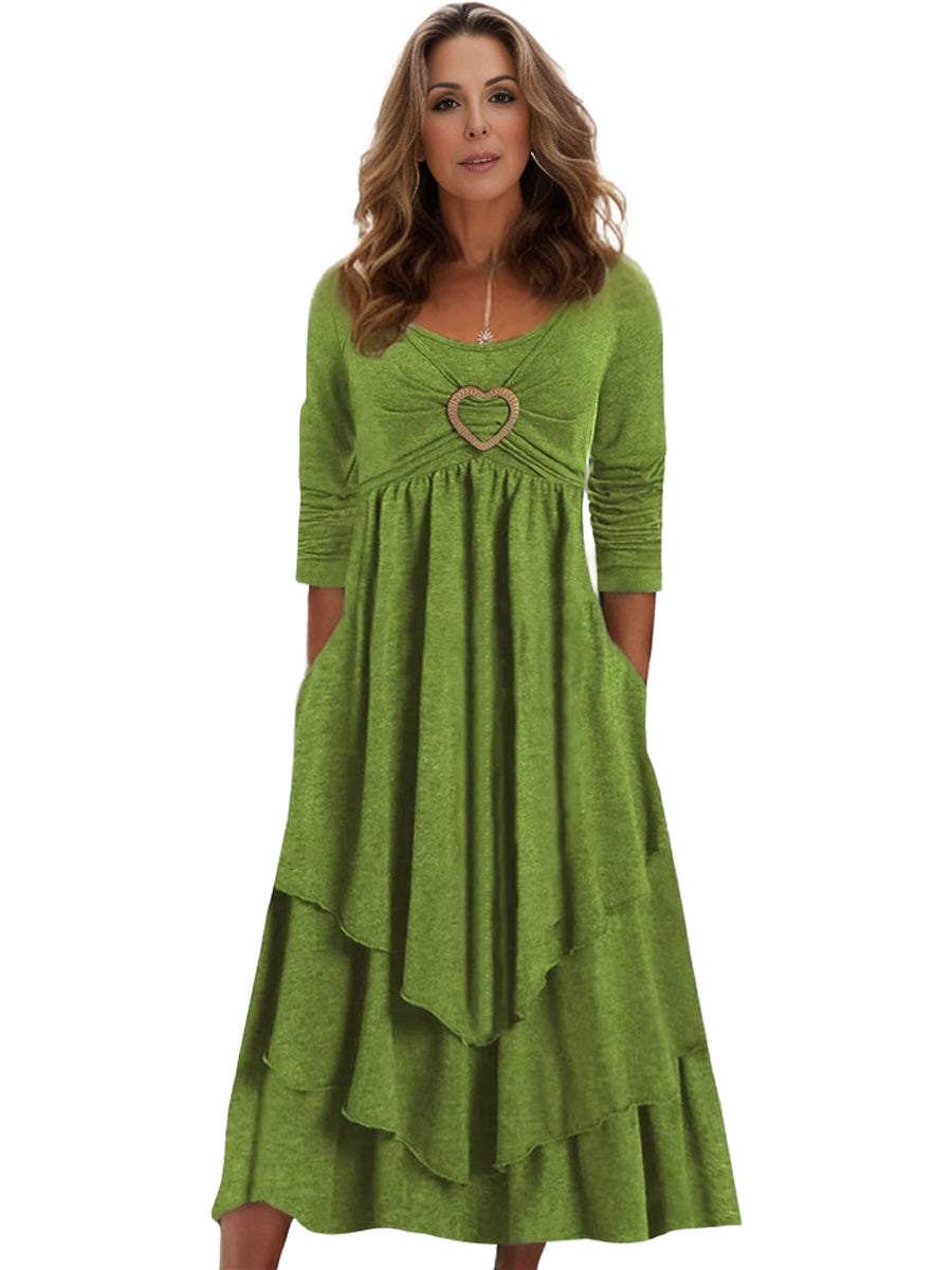 Plus Size Elegant Dress, Women's Plus Plain Long Sleeve Layered Heart Ring Decor Round Neck Maxi Dress