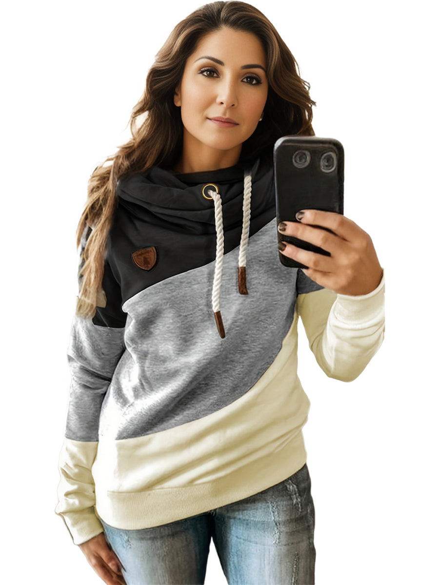 Plus Size Casual Sweatshirt, Women's Plus Colorblock Long Sleeve Hooded Drawstring Slight Stretch Sweatshirt