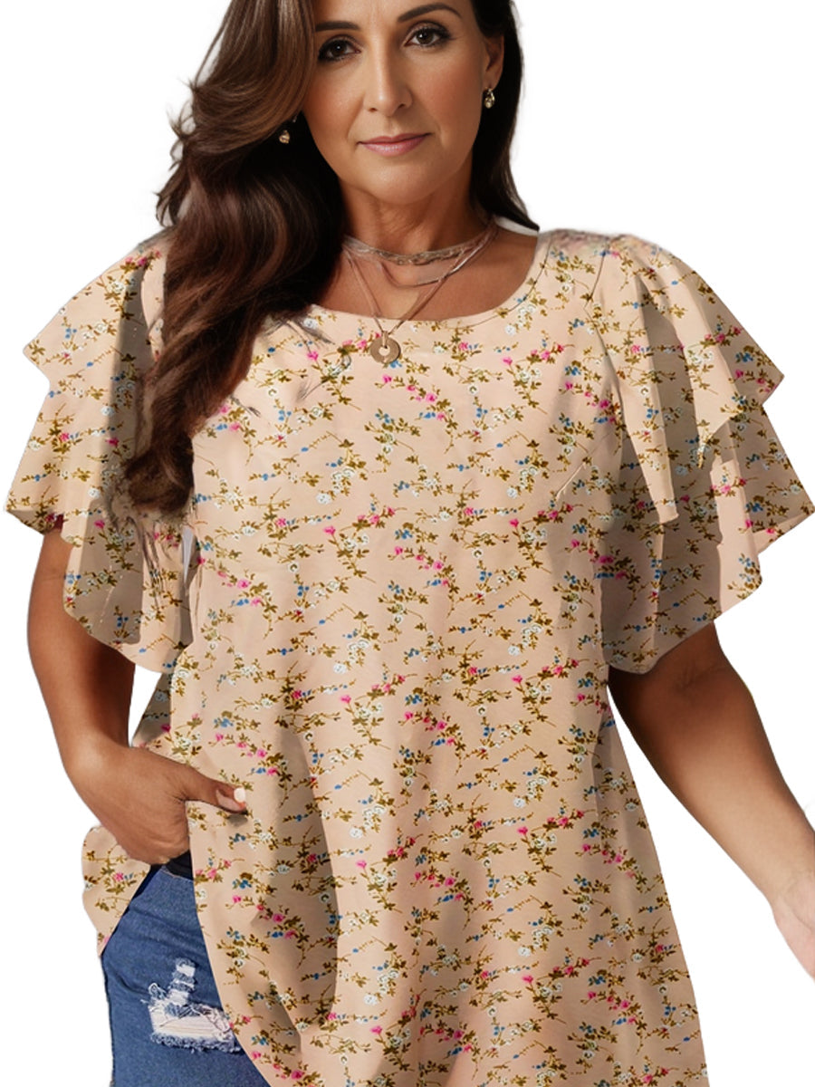 Plus Size Casual Blouse, Women's Plus Polka Dot Print Layered Sleeve Round Neck Oversized Blouse