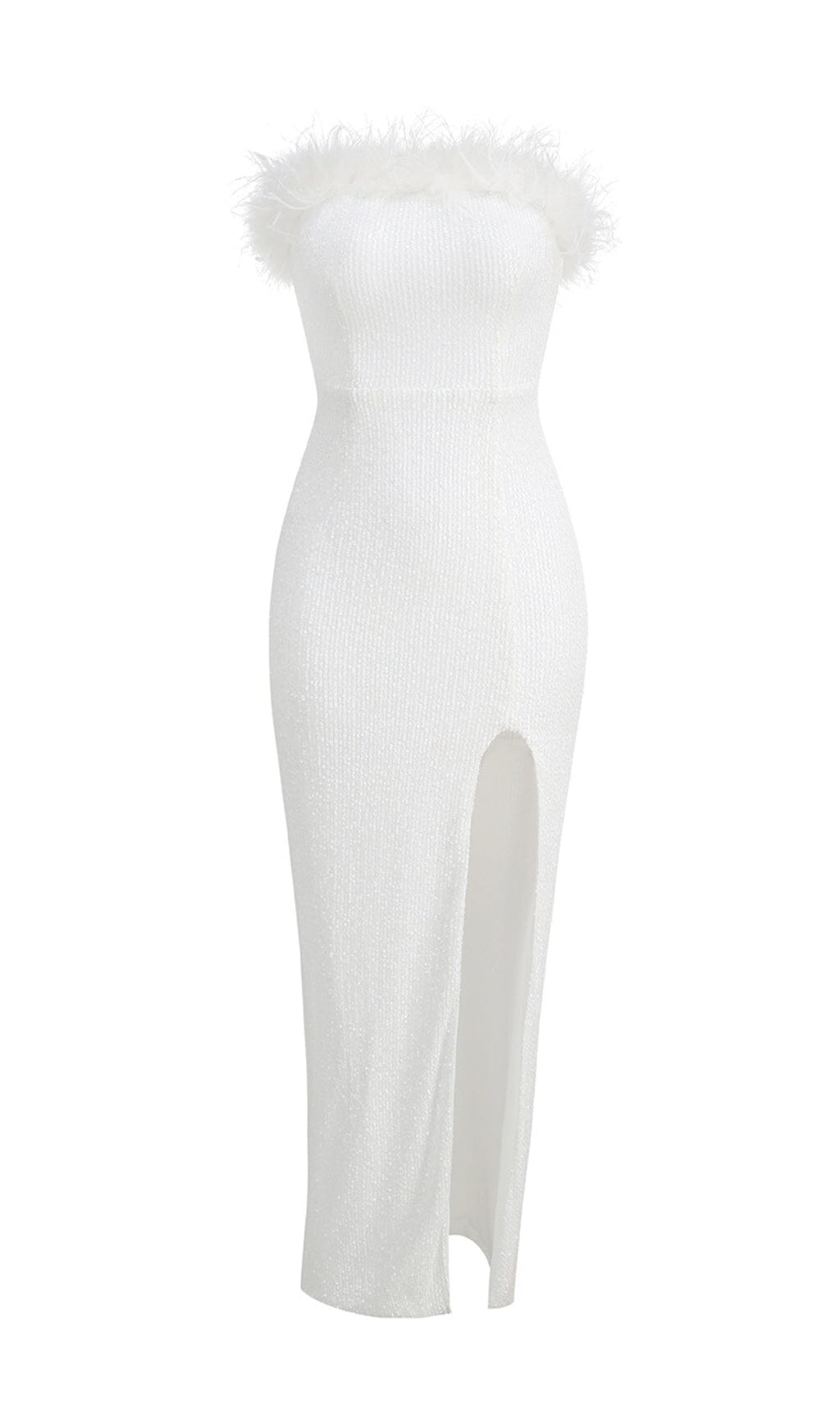 BANDEAU-MAXIKLEID MIT STRAUßENHAARDEKORATION IN WEISS