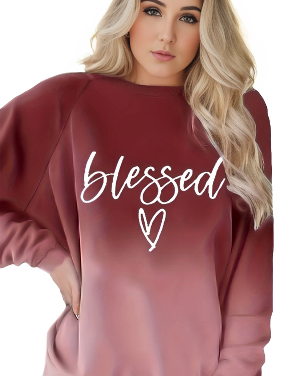 Plus Size Casual Sweatshirt, Women's Plus Ombre & Letter & Heart Print Raglan Sleeve Round Neck Slight Stretch Pullover Sweatshirt