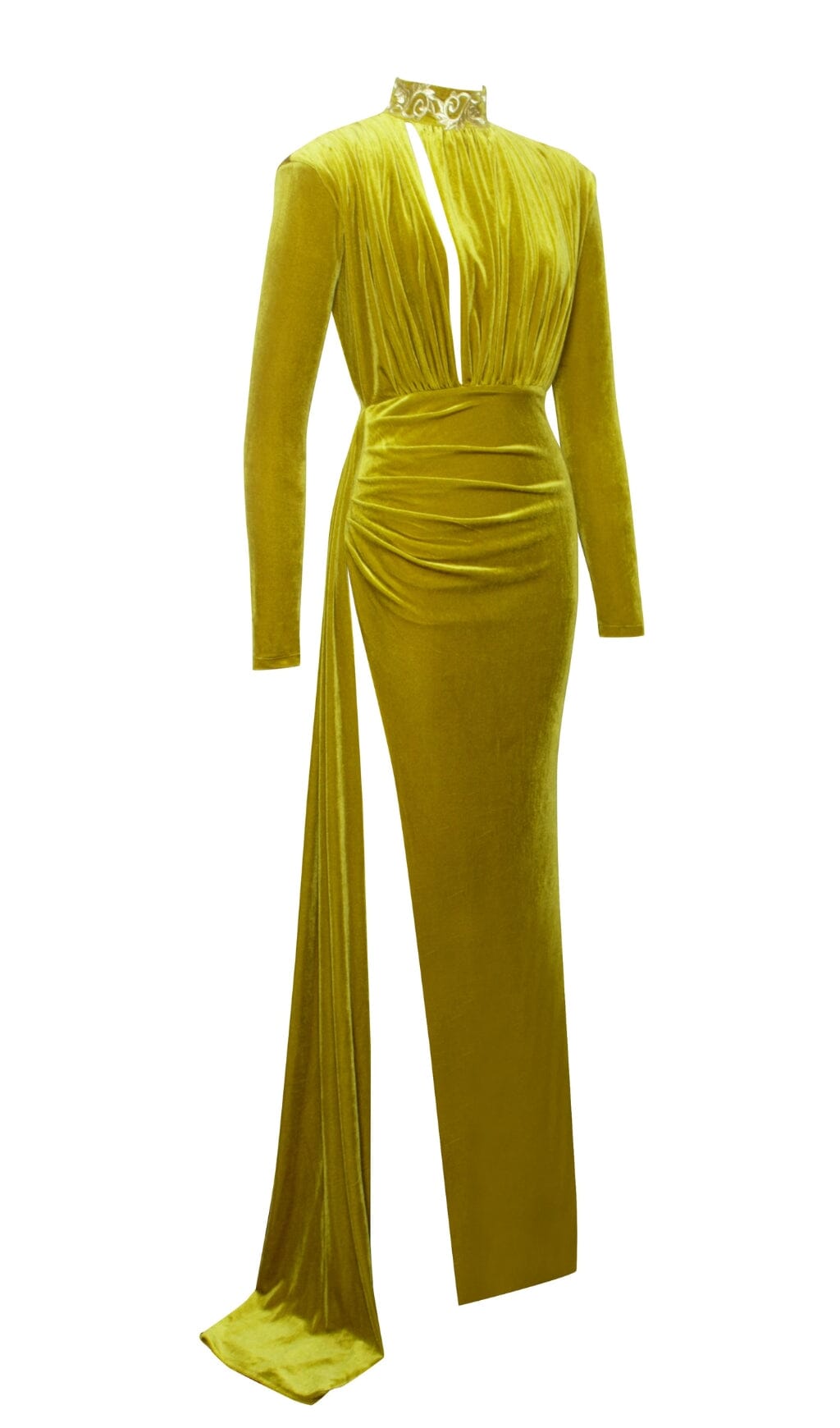 Vestido de terciopelo con abertura alta y corte dorado de Zenaida