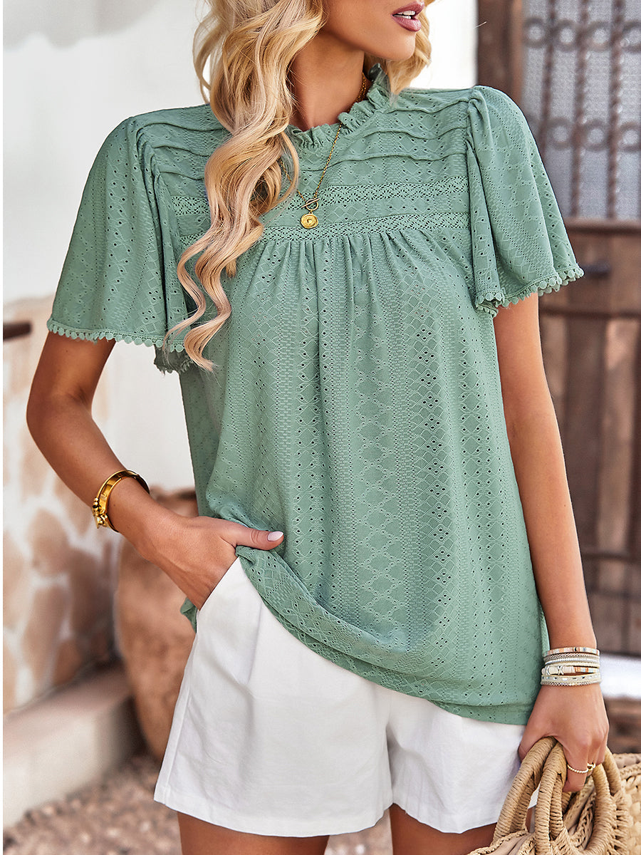 Casual Solid Color Hollow Round Neck T-Shirt